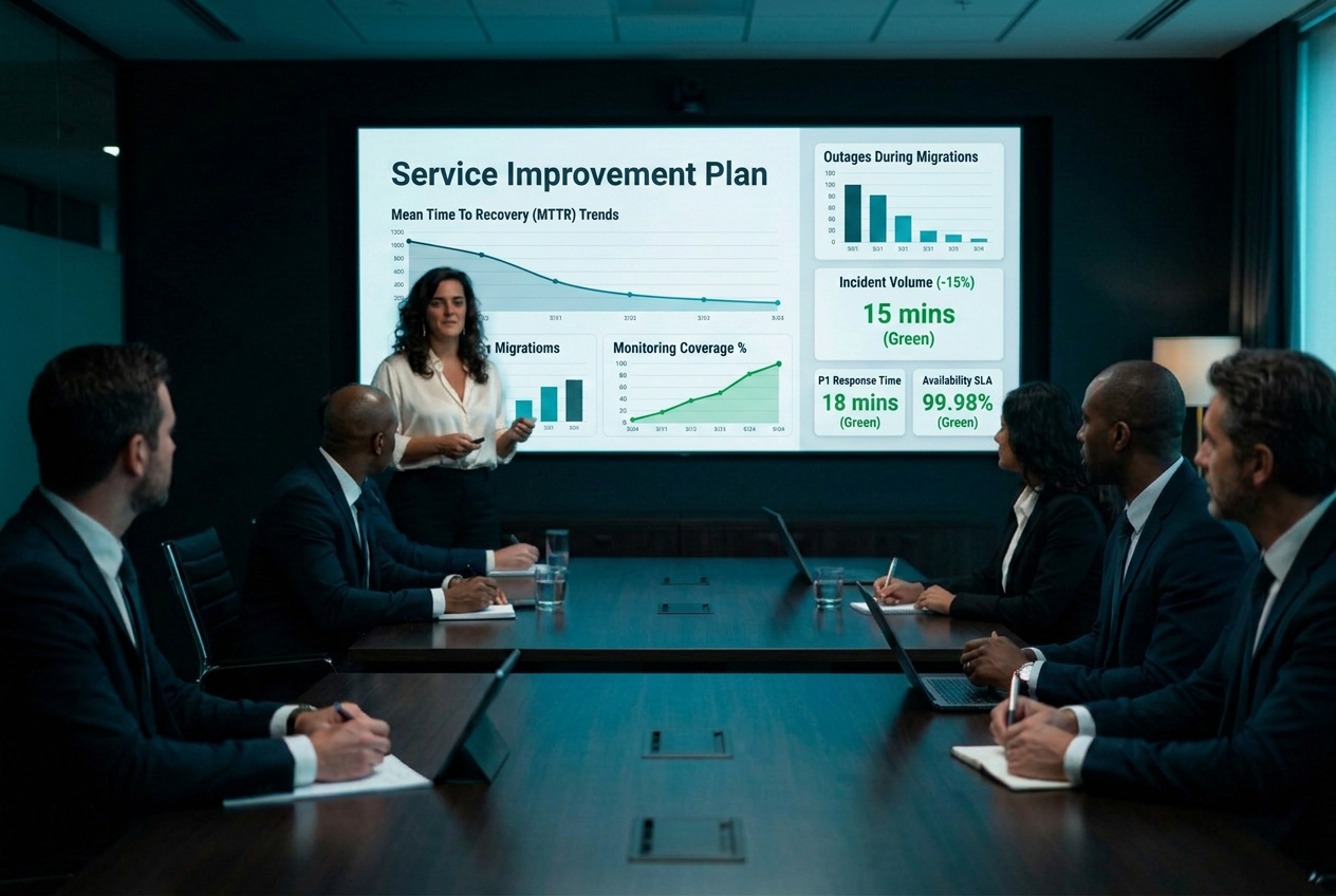 Lead In Clarity lead presenting recovery graphs and an improvement plan on screen to a boardroom of executives facing her