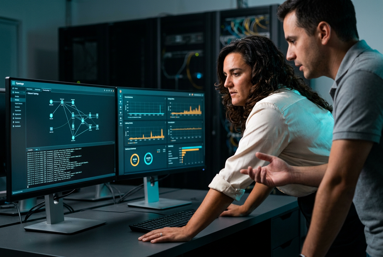 Lead In Clarity lead analysing network topology, latency graphs and live logs across two monitors with an engineer