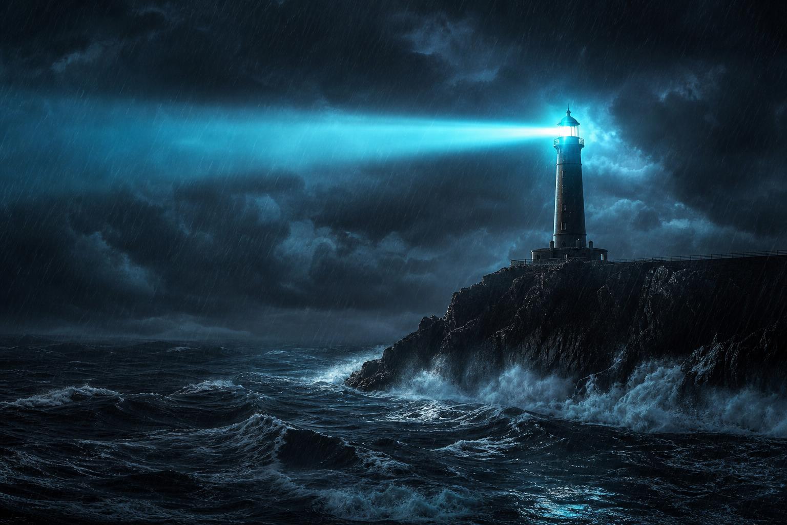Lighthouse beam cutting through a storm, symbolising clarity, leadership, strategy and control in crisis