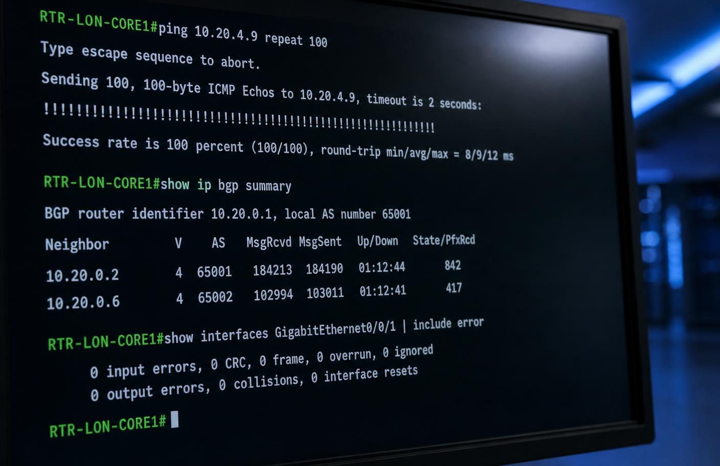Router CLI output showing 100 percent ping success, established BGP sessions and zero interface errors after recovery