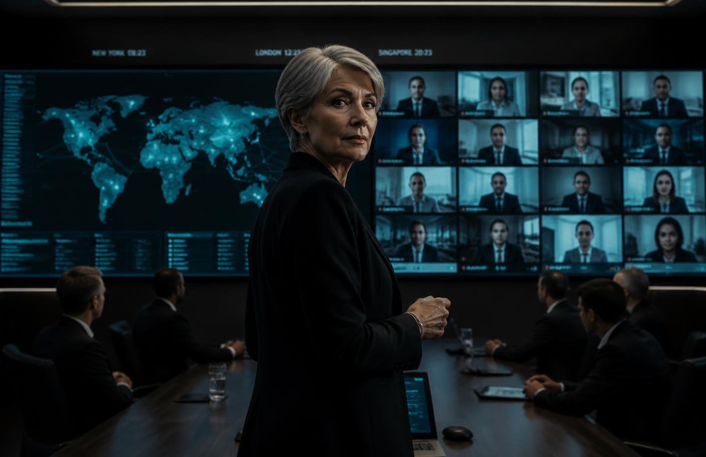 Senior leader chairing a multinational crisis conference call in front of a wall of remote participants