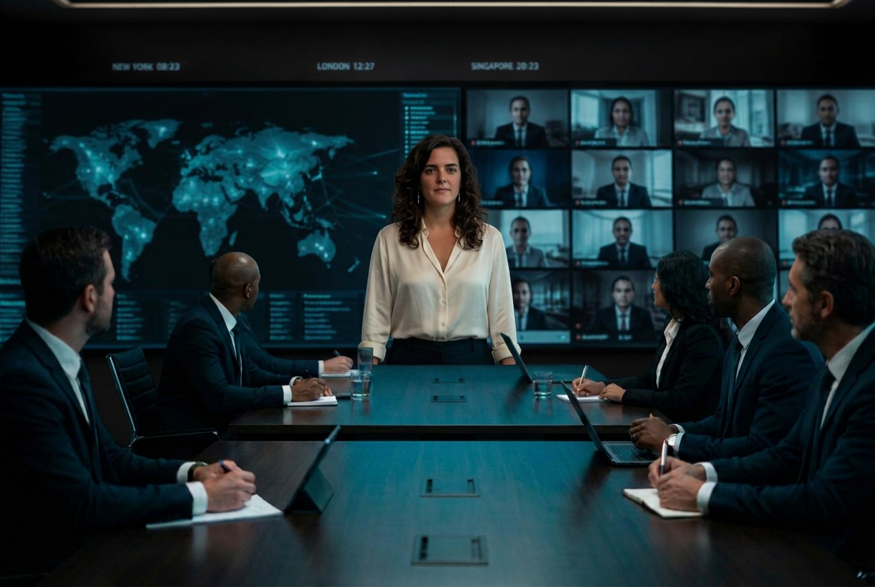 Lead In Clarity lead chairing a multinational service governance call with global dashboards behind her