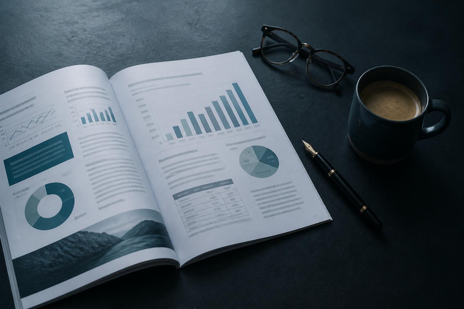 Printed service improvement report open on a desk beside a pen and reading glasses