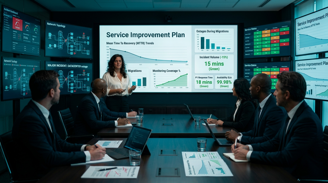 Crisis war room with incident dashboards on the walls while a consultant leads executives through a recovery plan